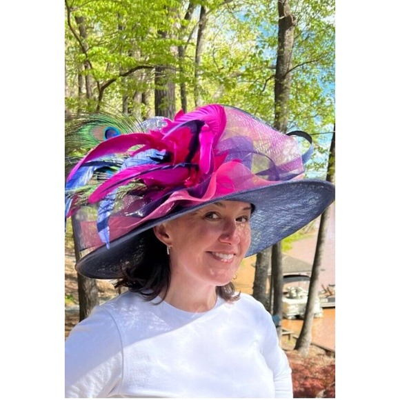Women’s Kentucky derby tea Party Wide Brim Navy pink Flowers Feathers Hat - Picture 11 of 11